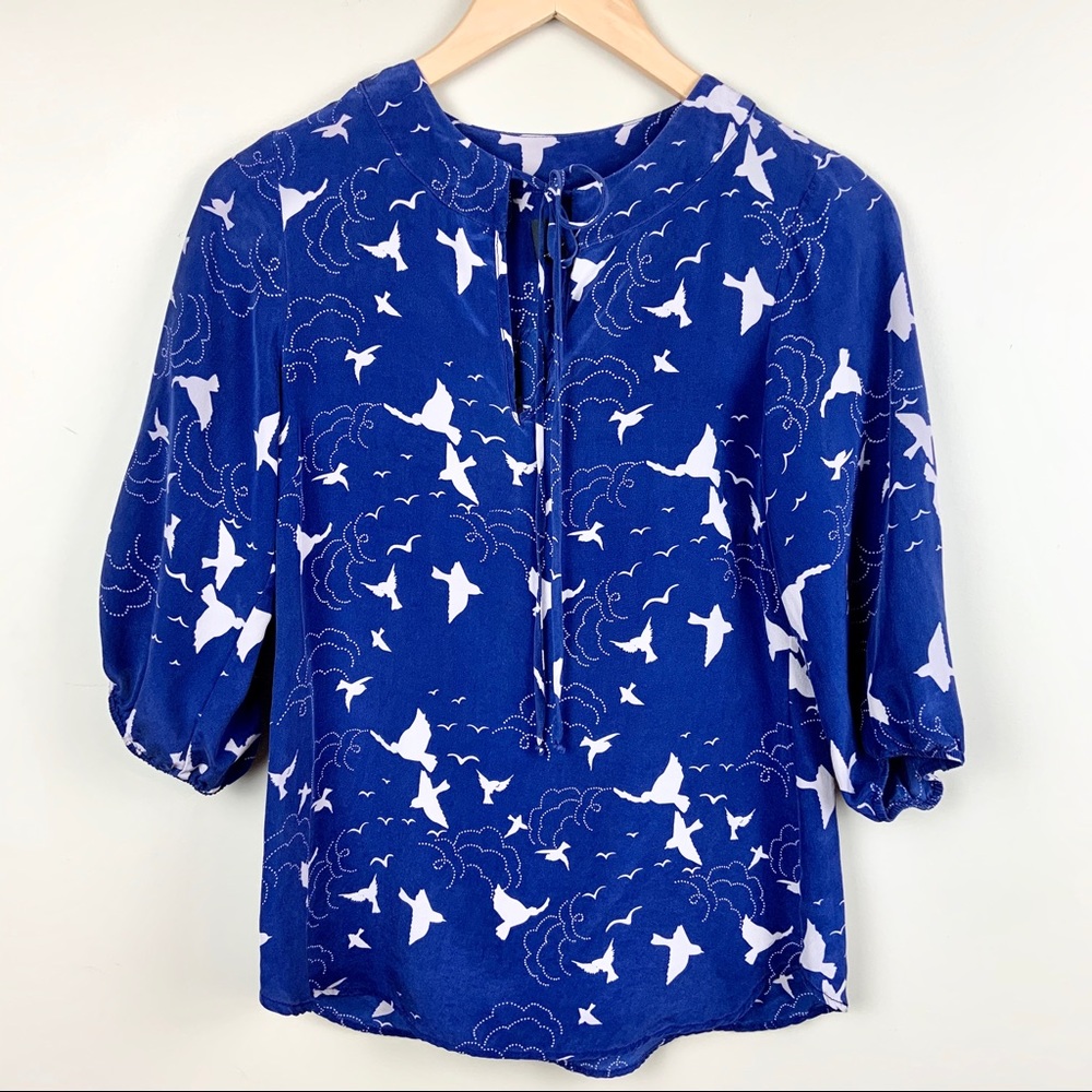 Akiko | 100% Silk Peasant Blouse Birds Clouds